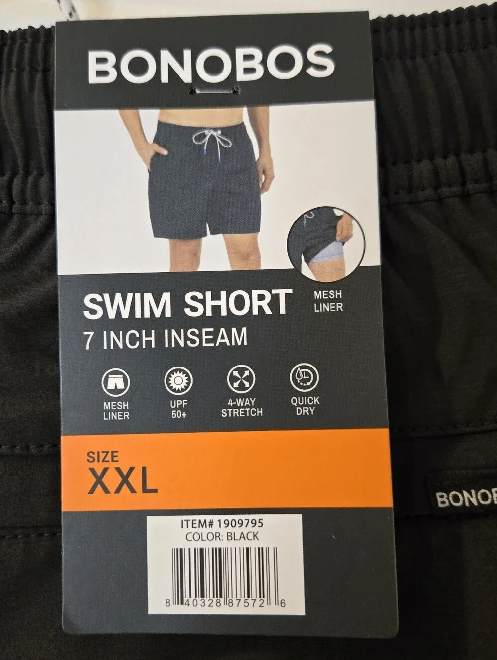 Bonobos Mens XXL Swim Bathing Suit 7” Inseam Black Solid Design Drawstring